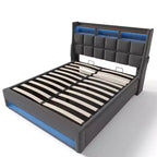 Letto matrimoniale queen size con contenitore idraulico, LED, USB, testiera imbottita, senza rete a doghe, facile da montare