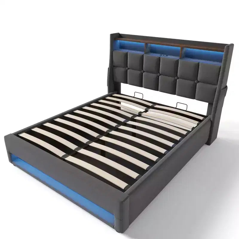 Letto matrimoniale queen size con contenitore idraulico, LED, USB, testiera imbottita, senza rete a doghe, facile da montare