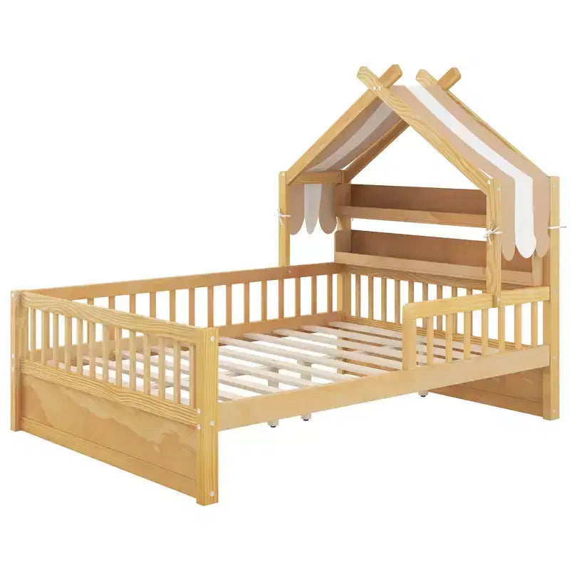 Letto a casetta in legno ModernLuxe per letto singolo/matrimoniale con testiera contenitore, struttura letto per bambini in pino massello con sponde di sicurezza