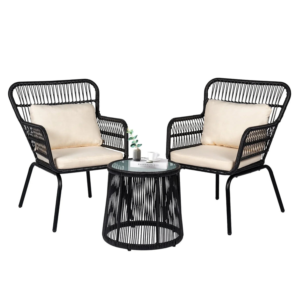 3-teiliges Outdoor-Bistro-Set aus Korbgeflecht, wetterfestes Rattan-Gartenmöbelset mit Stühlen und Sitzkissen
