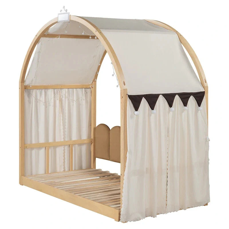 Letto Montessori a piattaforma in legno massello a forma di casetta, con tetto ad arco e letto estraibile, per bambine e bambini