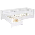 Twin Size L-shaped Platform Bed with Trundle & Charging Station, Wood Bed Frame with Bookshelf