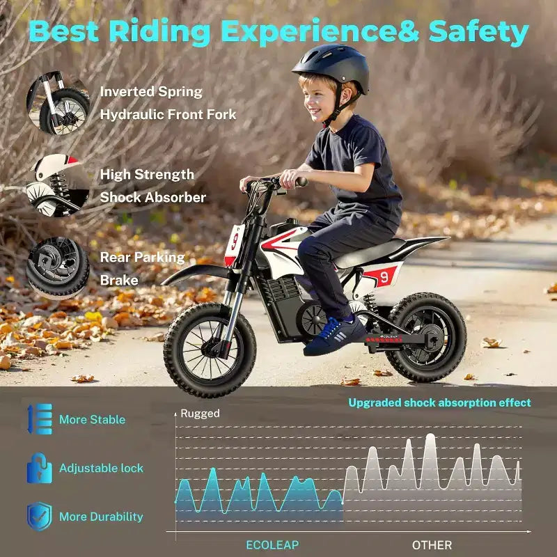 ECOLEAP K1 elektrische crossmotor voor kinderen, 36 V, snel tot 16 MPH, bereik van 14 mijl, piekvermogen van 700 W, 3 snelheidsstanden, 12 terreinbanden, UL, voor 3-10 jaar