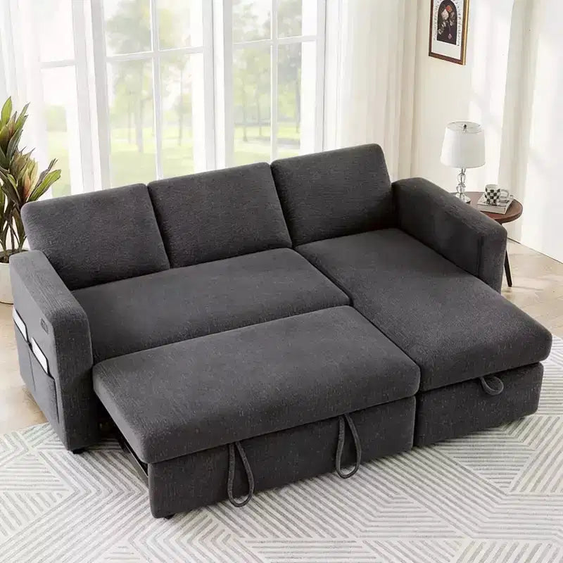 Divano letto estraibile 2-in-1 con chaise longue contenitore, divano componibile in ciniglia con porte USB per il soggiorno