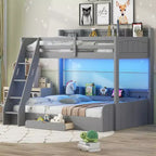 Twin over Full Bunk Bed with Storage, LED Lights & Charging Station, Wood Bunked Bed Beside Shelves for Kids & Teens