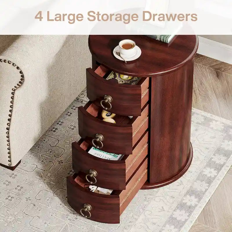 Tavolino laterale in legno massello senza montaggio, con cassetti rotondi in stile vintage