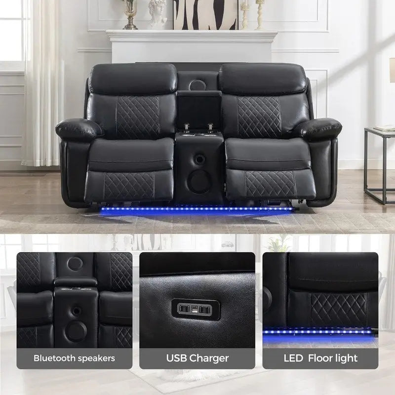 Elektrisch verstellbares Sofa mit kabellosem Ladegerät, Leselicht, LED-Beleuchtung für das Wohnzimmer, Kunstleder, AC-/USB-Anschluss, Getränkehalter, Schwarz