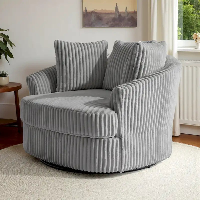 Extra grote 43 W pluche corduroy draaifauteuil met verzonken armleuningen en kuipvorm