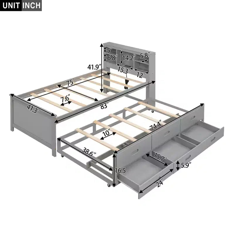 Podestbett mit Ausziehbett und Schubladen, Stauraum-Podestbett mit USB-Anschluss, Holz-Podestbett mit Bücherregal