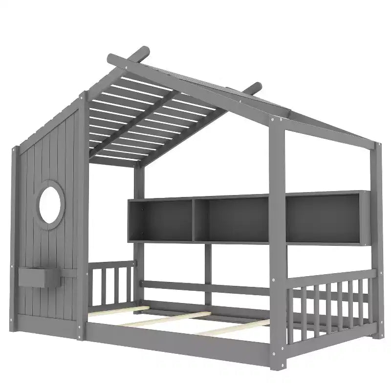 Huisvormig platformbed voor eenpersoonsbed/tweepersoonsbed, peuter-vloerbed, Montessori-kinderbed en speelhuisbed met opbergplank - ModernLuxe
