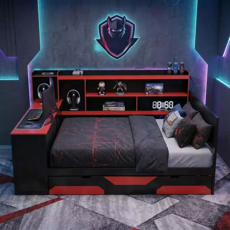 Κρεβάτι ημέρας Gamer Hub με γραφείο, φωτισμό RGB, σταθμό φόρτισης, συρτάρια αποθήκευσης και κεφαλάρι-βιβλιοθήκη