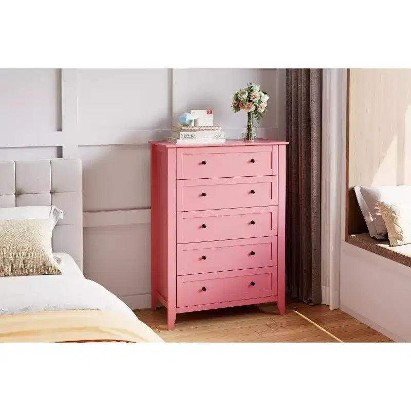 Hoge ladekast van 42,5 inch met 5 laden voor de slaapkamer, houten opbergkast met laden van 11,9 inch diep en gouden metalen knoppen, ideaal voor hal of entree