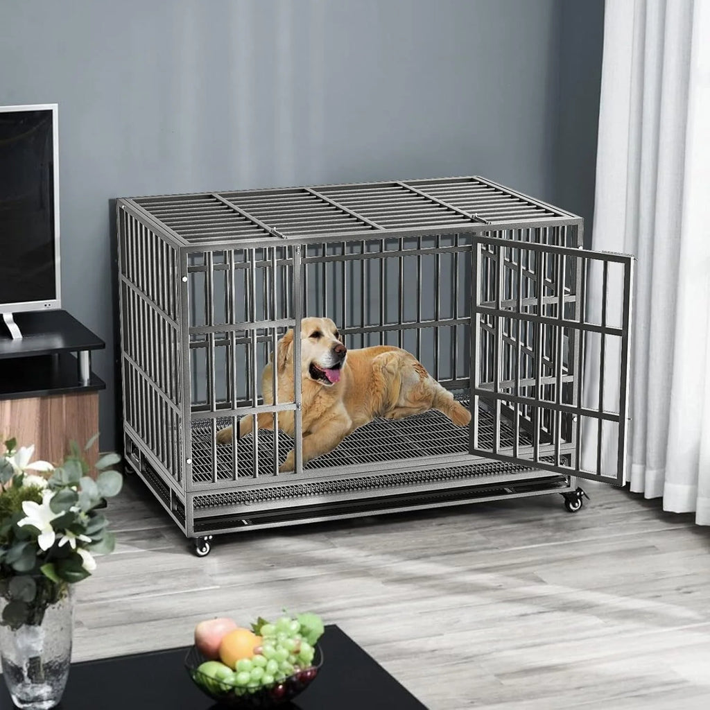 BOSSIN 48/38 inch Heavy Duty Indestructible Dog Crate, Escape Proof Dog Cage Kennel with Lockable Wheels