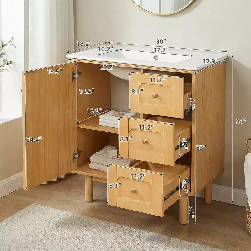 JVNOXK 76 cm rustikaler moderner Waschtischunterschrank aus Keramik mit 3 Schubladen und 1 großen Soft-Close-Tür, Aufbewahrungsschrank, natürliche Holzmaserung