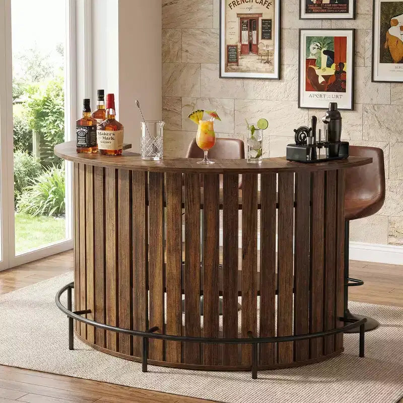 Boogvormige minibartafel met 4 opbergniveaus, modern-rustieke barkast voor thuis met voetensteun en MDF-constructie