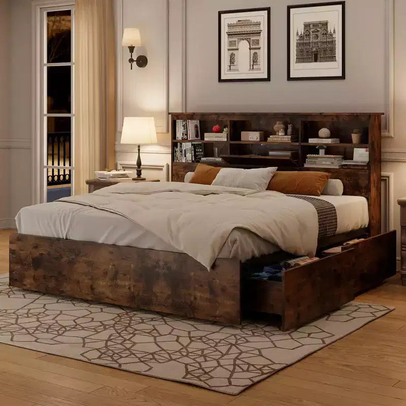 Qafas ta’ sodda Full b’headboard għall-ħażna, qafas tas-sodda tal-injam b’4 kxaxen, librerija għall-ħażna u sodda b’pjattaforma ta’ daqs King b’appoġġ qawwi tal-metall