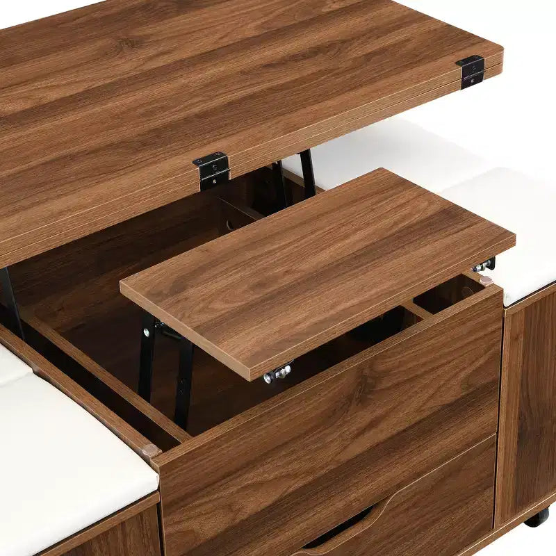 Multifunktionaler moderner Couchtisch mit Liftplatte, verborgenem Stauraum, 4 Hockern und Rollen – perfekt für moderne Wohnbereiche