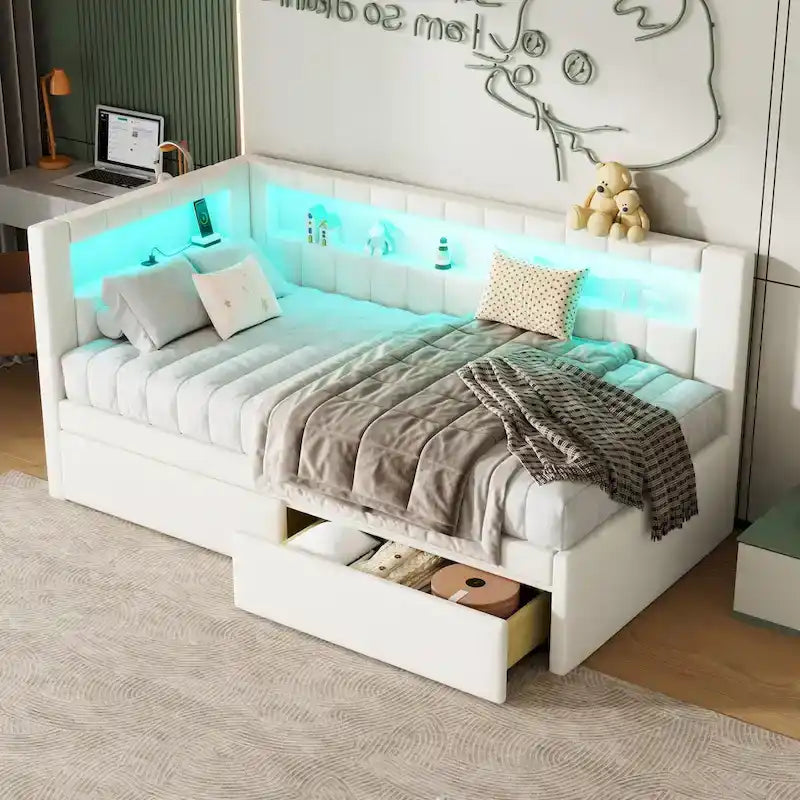 Gestoffeerd platformbed met USB-poorten en ledverlichting - bedframe voor tweepersoonsbed/twin-size met 2 opberglades - moderne slaapkamer