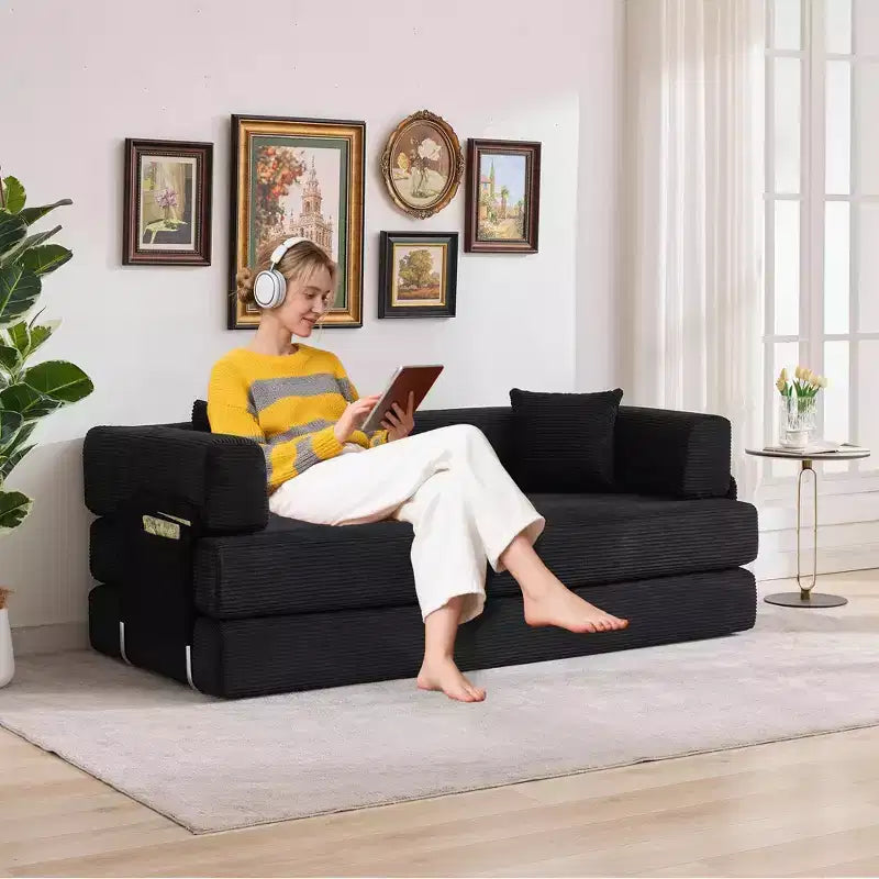 Divano letto, materasso pieghevole 5 in 1 da 78,8, divano/‌love seat, struttura in acciaio a forma fissa, velluto a coste con cuscini