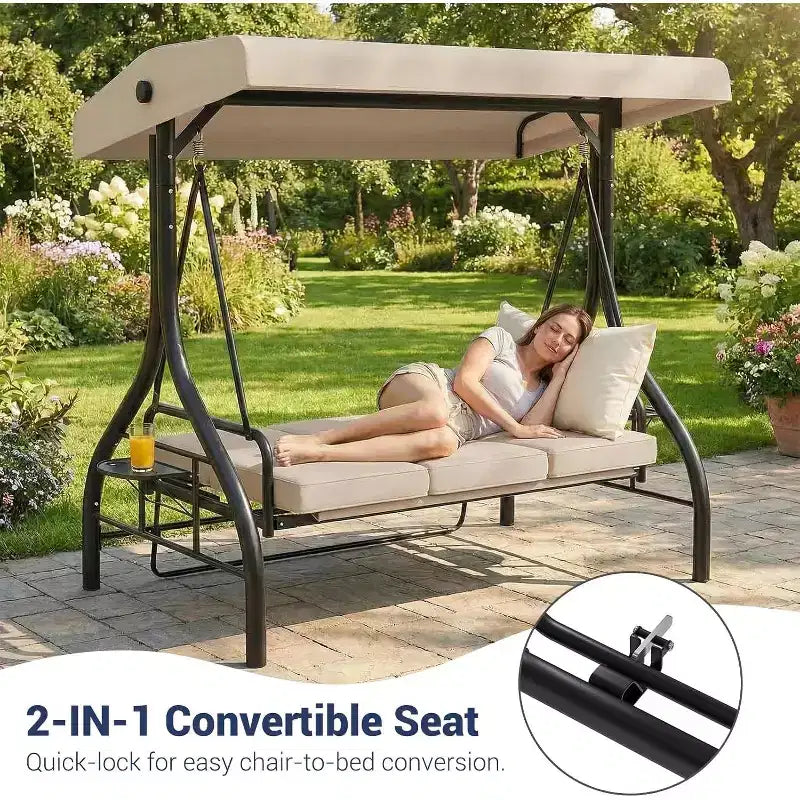 Siġġu tal-bandla ta’ barra konvertibbli 2-f’1 għal 3 persuni b’tinda aġġustabbli, sodda tal-bandla għall-patio bi stand, kuxxini ħoxnin u detenturi għat-tazzi, għall-bitħa ta’ wara, il-ġnien u l-veranda