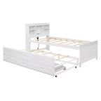 Platform Bed with Trundle and Drawers, Storage Platform Bed with USB, Wood Platform Bed with Bookcase