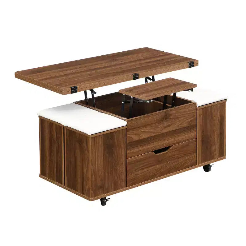 Multifunktionaler moderner Couchtisch mit Liftplatte, verborgenem Stauraum, 4 Hockern und Rollen – perfekt für moderne Wohnbereiche