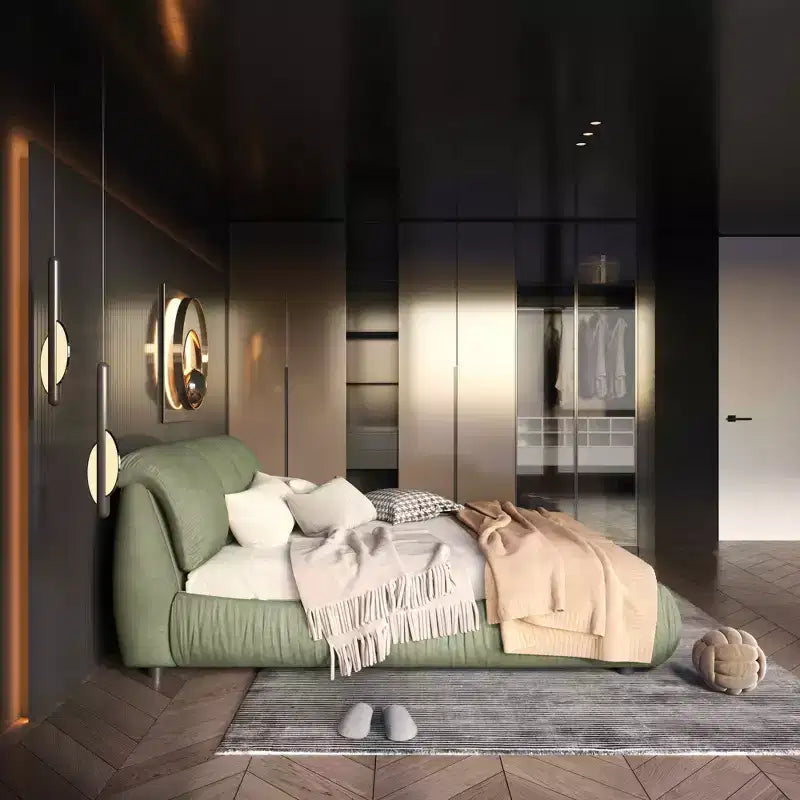 Letto matrimoniale contenitore imbottito di lusso MAYEERTY con testiera imbottita oversize e struttura in legno massello, verde