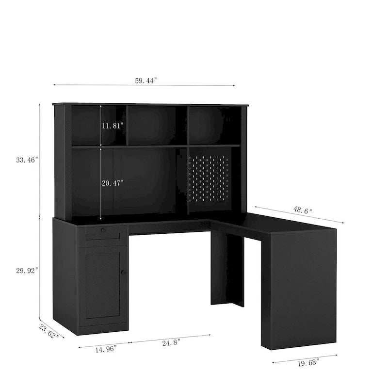 L-vormig bureau met stopcontact, computerbureau met laden, boekenkast en opzetkast, modern hoekbureau, bureau voor thuiskantoor