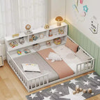 Montessori-Bodenbett in Twin-/Full-Größe mit Bücherregal, Stauraumfächern und Sicherheitsgittern, Weiß/Grau
