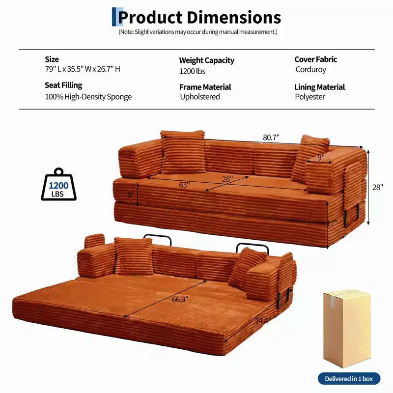 80.7 5-in-1 Convertible Sleeper Sofa Bed 鈥?Corduroy, 1200 lbs, No Assembly