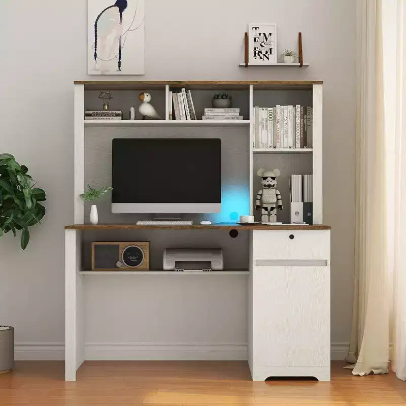 Moderne computerbureau van 51,18 inch met opzetkast en boekenkast, kantoorbureau met veel opbergruimte, schrijf bureau voor studeerkamer en leesruimte