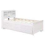 Platform Bed with Trundle and Drawers, Storage Platform Bed with USB, Wood Platform Bed with Bookcase