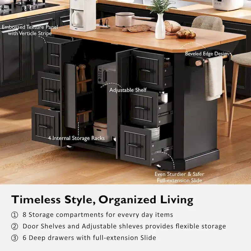 Expandable Drop-Leaf Kitchen Island, Kitchen Cart on 4 Wheels with Power Outlet, Moveable Island Table with 2 Door & 6 Drawers