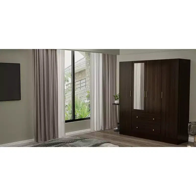 Hitow Kleiderschrank mit 2 großen Schubladen, mittlerem Hängeregal und Spiegel im minimalistischen Stil