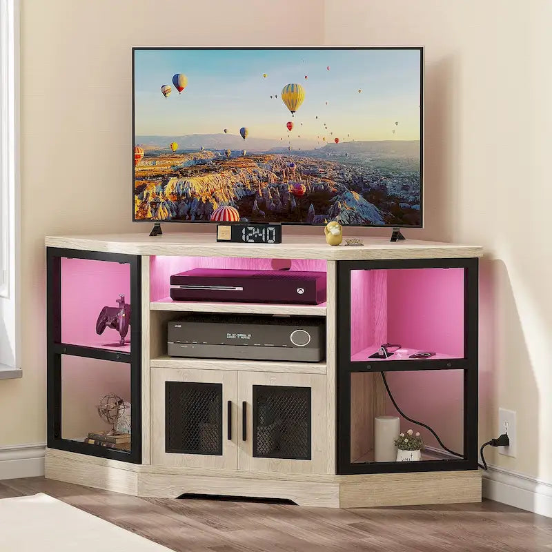 Mobile TV angolare in stile farmhouse, centro d'intrattenimento e consolle multimediale per TV fino a 55" con presa di corrente