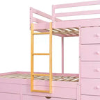 Full over Full Bunk Bed with Storage Wardrobe and Drawers, Full Size Wood Space-Saving Bunk Bed with Guardrail for Apartment, Bedroom