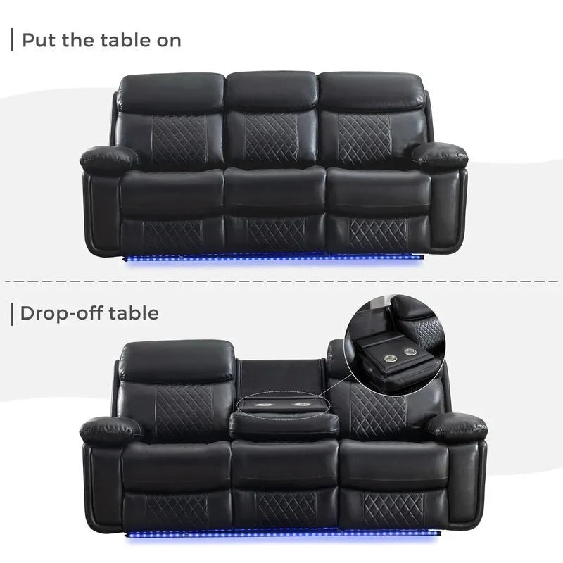 Elektrisch verstellbares Sofa mit kabellosem Ladegerät, Leselicht, LED-Beleuchtung für das Wohnzimmer, Kunstleder, AC-/USB-Anschluss, Getränkehalter, Schwarz