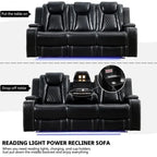 Elektrisch verstellbares Sofa mit kabellosem Ladegerät, Leselampe für das Wohnzimmer, Kunstleder, LED-Beleuchtung, AC-/USB-Anschluss und Getränkehalter, Schwarz