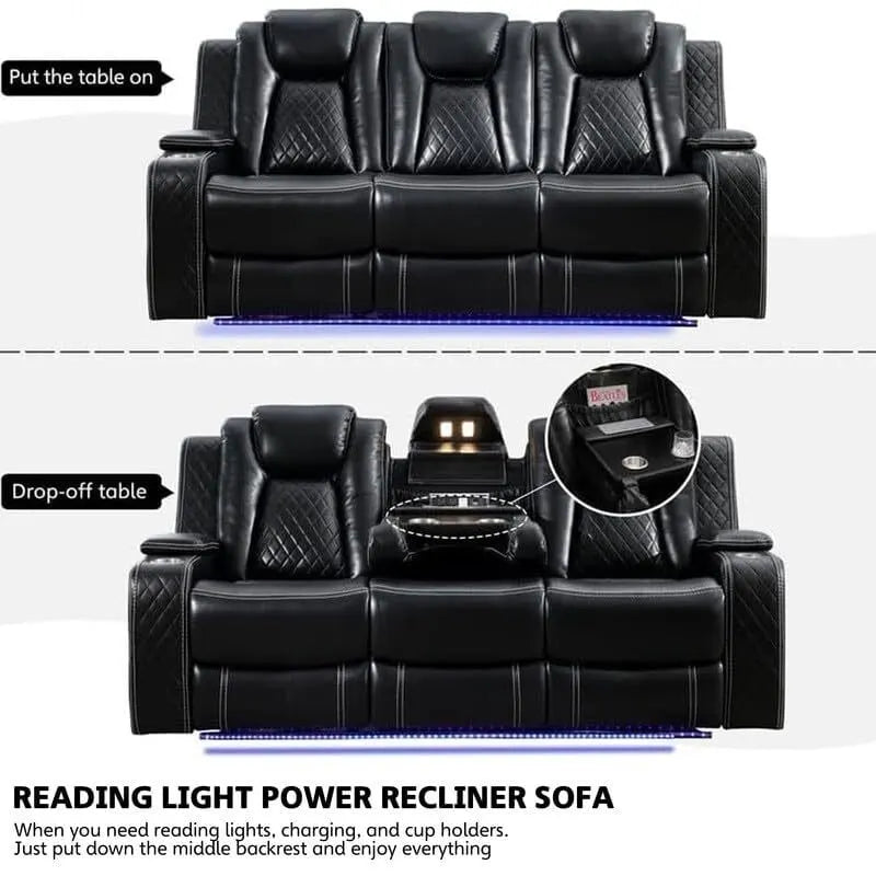 Elektrisch verstellbares Sofa mit kabellosem Ladegerät, Leselampe für das Wohnzimmer, Kunstleder, LED-Beleuchtung, AC-/USB-Anschluss und Getränkehalter, Schwarz