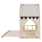 Letto Montessori a piattaforma in legno massello a forma di casetta, con tetto ad arco e letto estraibile, per bambine e bambini