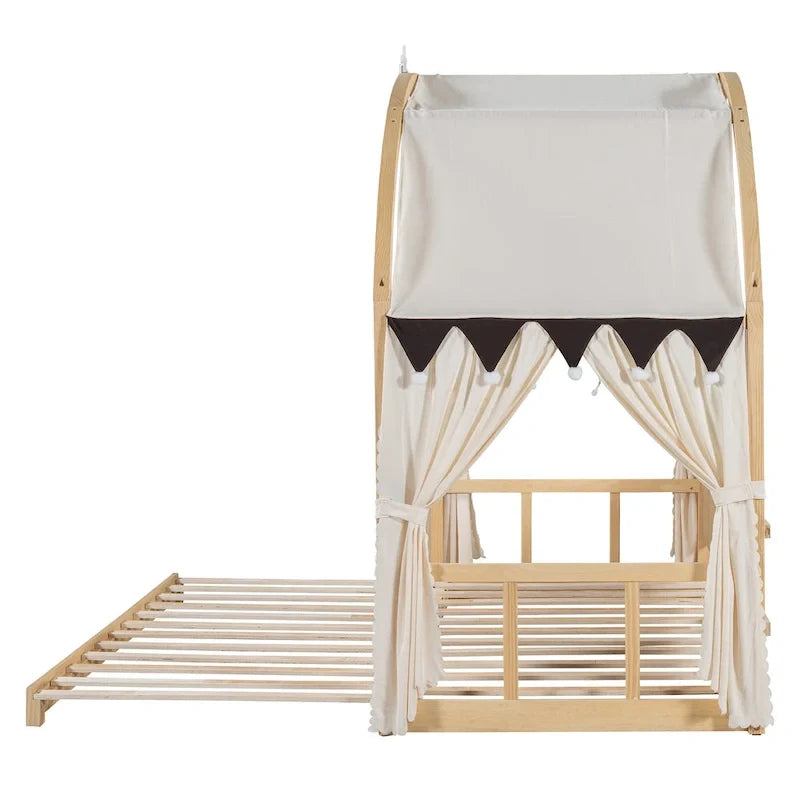 Letto Montessori a piattaforma in legno massello a forma di casetta, con tetto ad arco e letto estraibile, per bambine e bambini