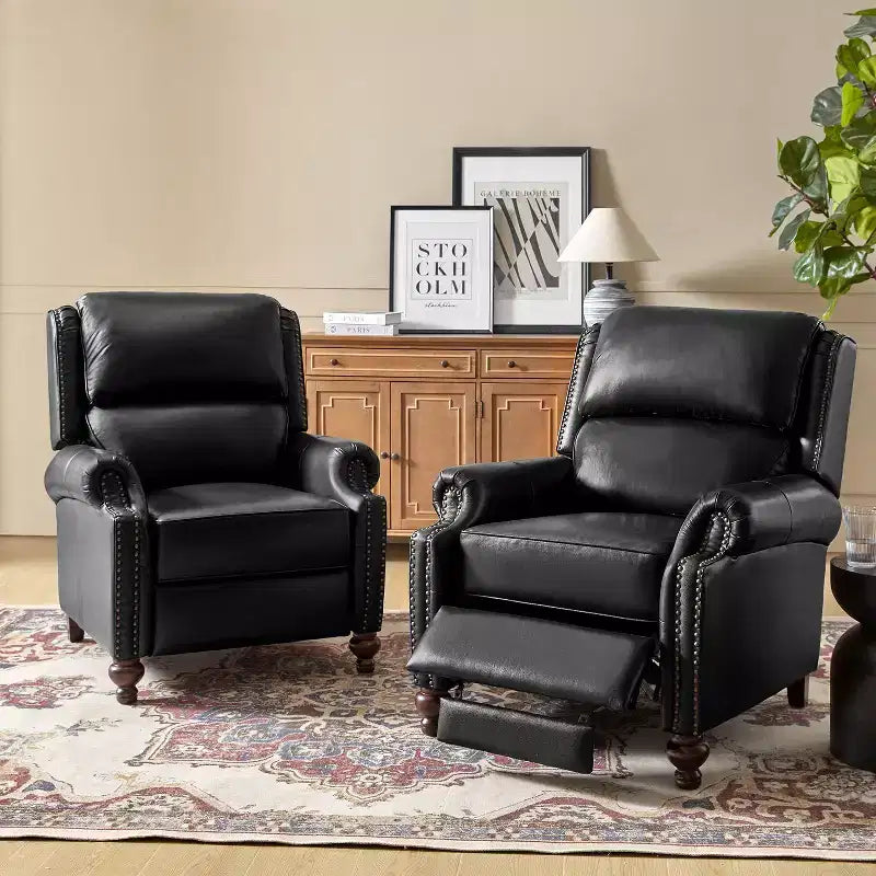 Set van 2 moderne Elisabete-fauteuils met hoge rugleuning van echt leer en vintage spijkerkopafwerking voor woonkamer en slaapkamer| ART OF LIVING DESIGNS