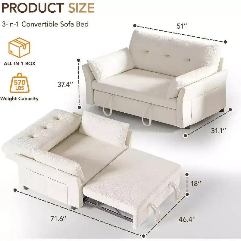 Dyonery разтегателен диван-легло 3 в 1, диван-легло с изтеглящ се механизъм, страничен джоб и регулируема облегалка, монтаж без инструменти, сгъваем двуместен диван