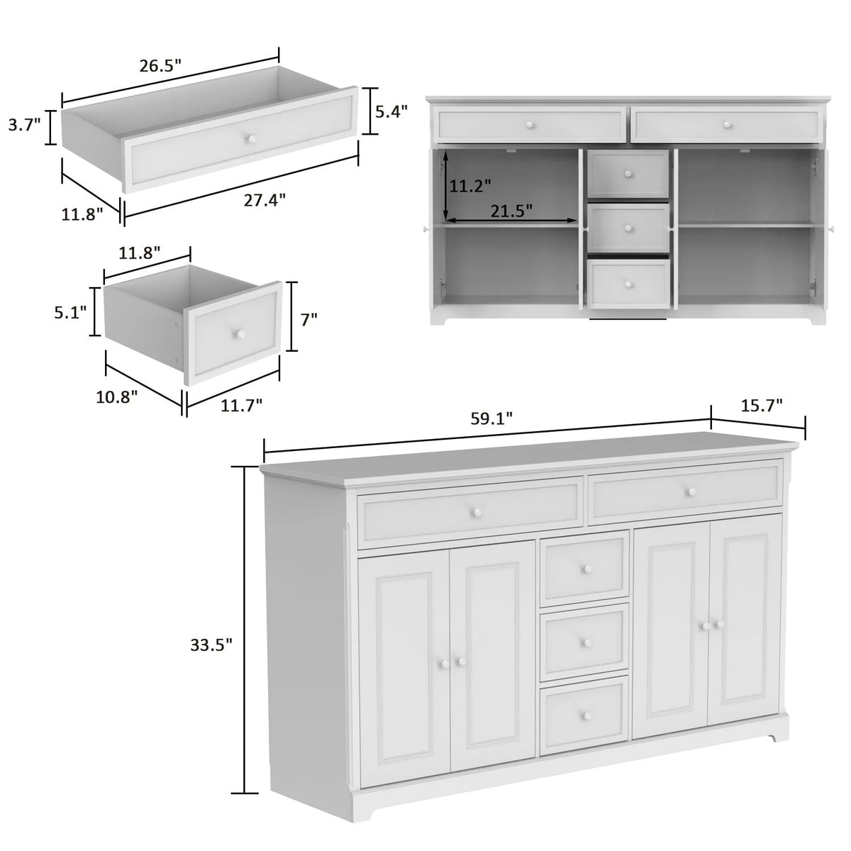 59,1' Sideboard-Buffet in Weiß, Mid-Century-Modern, zeitgemäß lackiert