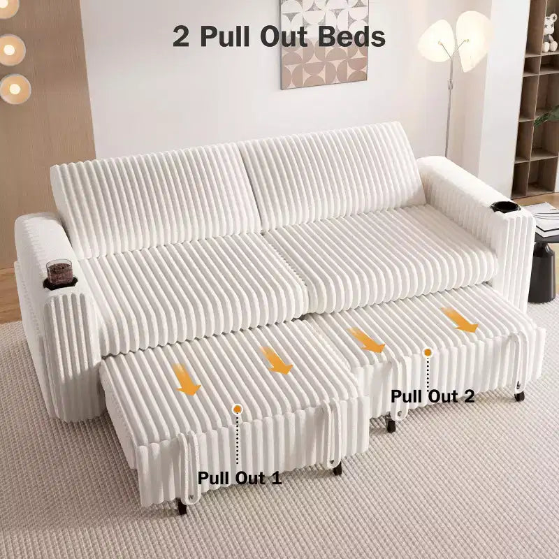 Dyonery 91 Eckschlafsofa mit ausziehbarem Bett, verstellbarer Rückenlehne, zwei ausziehbaren Betten, USB-Anschlüssen und Getränkehaltern, weicher Cordbezug