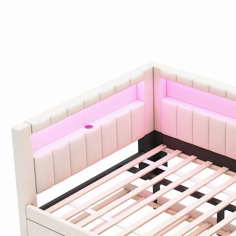 Gestoffeerd platformbed met USB-poorten en ledverlichting - bedframe voor tweepersoonsbed/twin-size met 2 opberglades - moderne slaapkamer