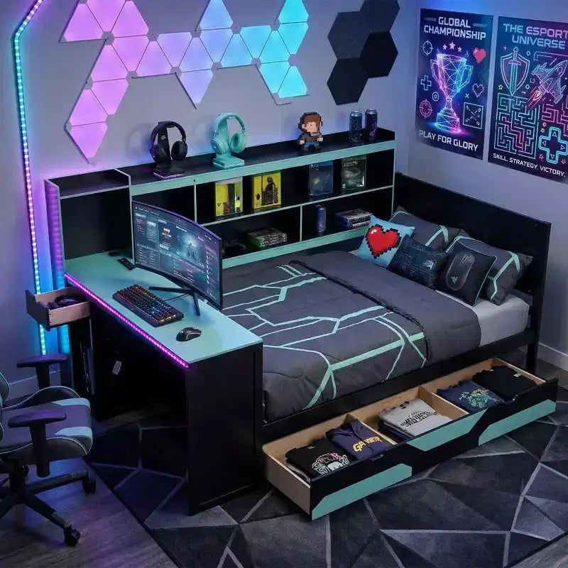 Κρεβάτι ημέρας Gamer Hub με γραφείο, φωτισμό RGB, σταθμό φόρτισης, συρτάρια αποθήκευσης και κεφαλάρι-βιβλιοθήκη