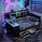 Κρεβάτι ημέρας Gamer Hub με γραφείο, φωτισμό RGB, σταθμό φόρτισης, συρτάρια αποθήκευσης και κεφαλάρι-βιβλιοθήκη