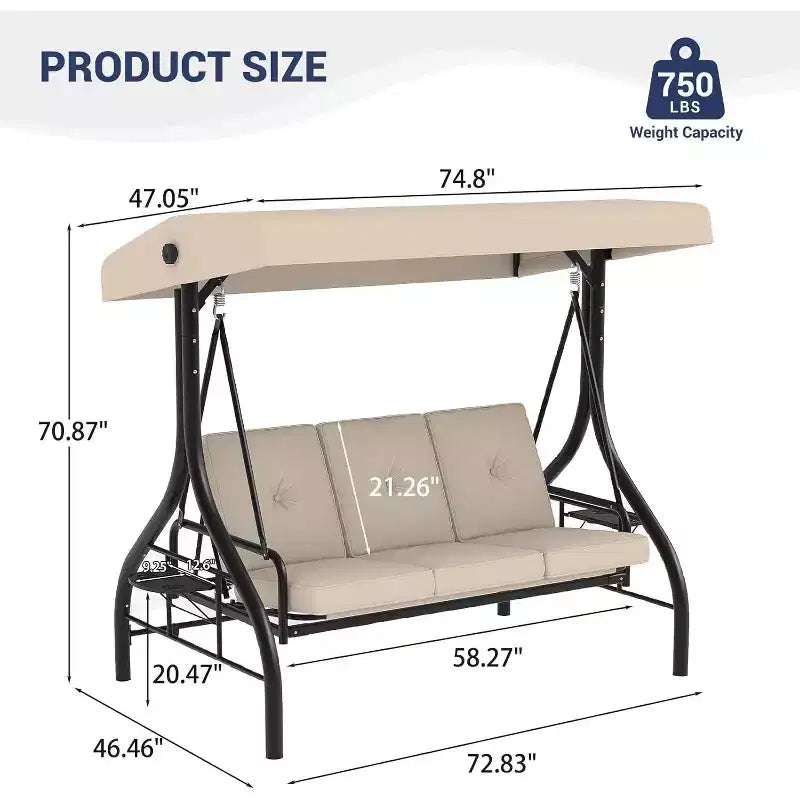 Siġġu tal-bandla ta’ barra konvertibbli 2-f’1 għal 3 persuni b’tinda aġġustabbli, sodda tal-bandla għall-patio bi stand, kuxxini ħoxnin u detenturi għat-tazzi, għall-bitħa ta’ wara, il-ġnien u l-veranda