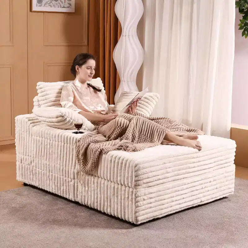 Pultruna chaise longue kbira għall-użu fuq ġewwa b’ottoman għall-ħażna, sufan sodda miksija bil-korduroj, Cloud Couch, bi 3 mħaded, pultruna sufan waħda għall-irqad